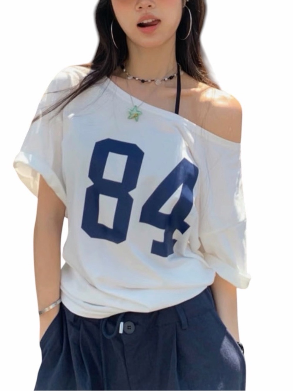 A.    Women's Off-Shoulder White Crop 2X Top Navy 84 Graphic NWOT